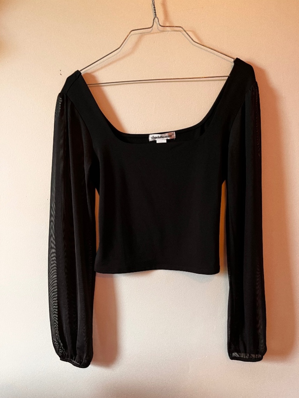 Square neck top with mesh sleeves